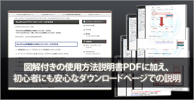 図解付きの使用方法説明書ＰＤＦに加え、初心者にも安心なダウンロードページでの説明